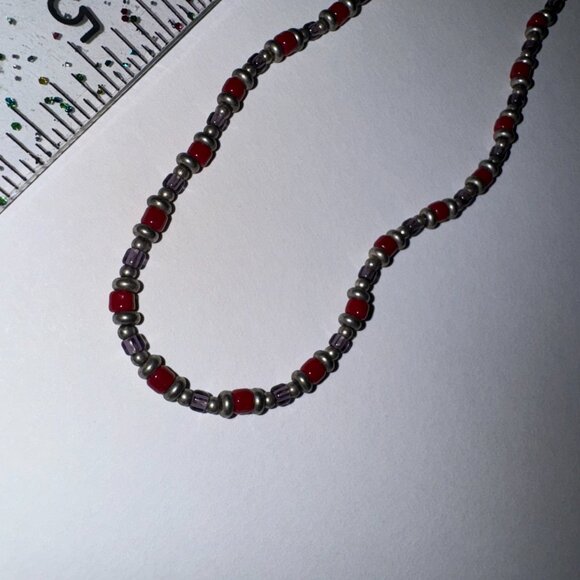14" Long Red, Purple, and Silver Beaded Necklace - Picture 2 of 9